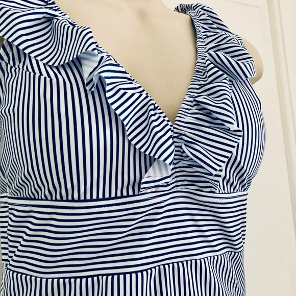 New Retro Style Blue Striped One-Piece Swimsuit - Picture 2 of 4